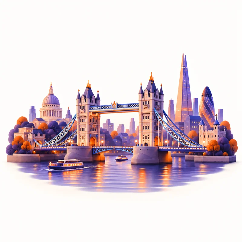 Indigo and orange illustration of London landmarks