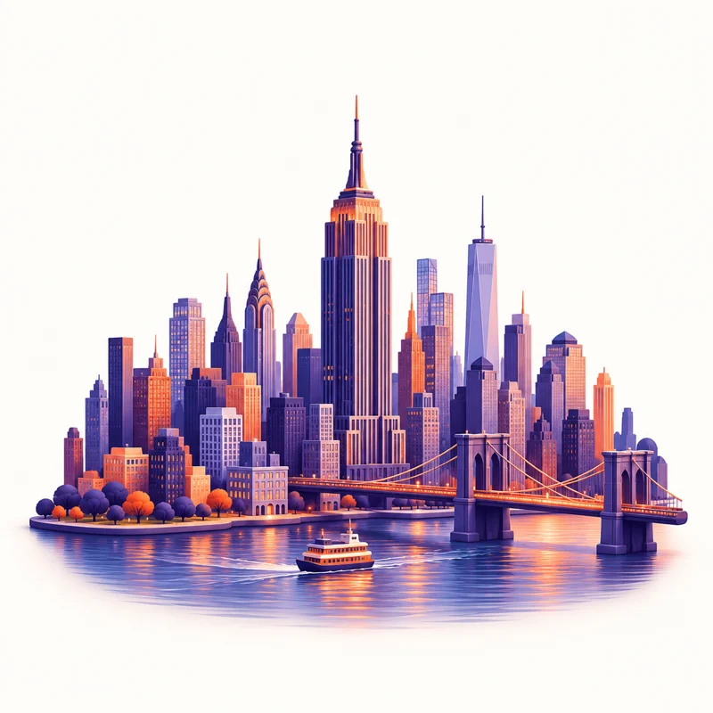 Indigo and orange illustration of New York landmarks