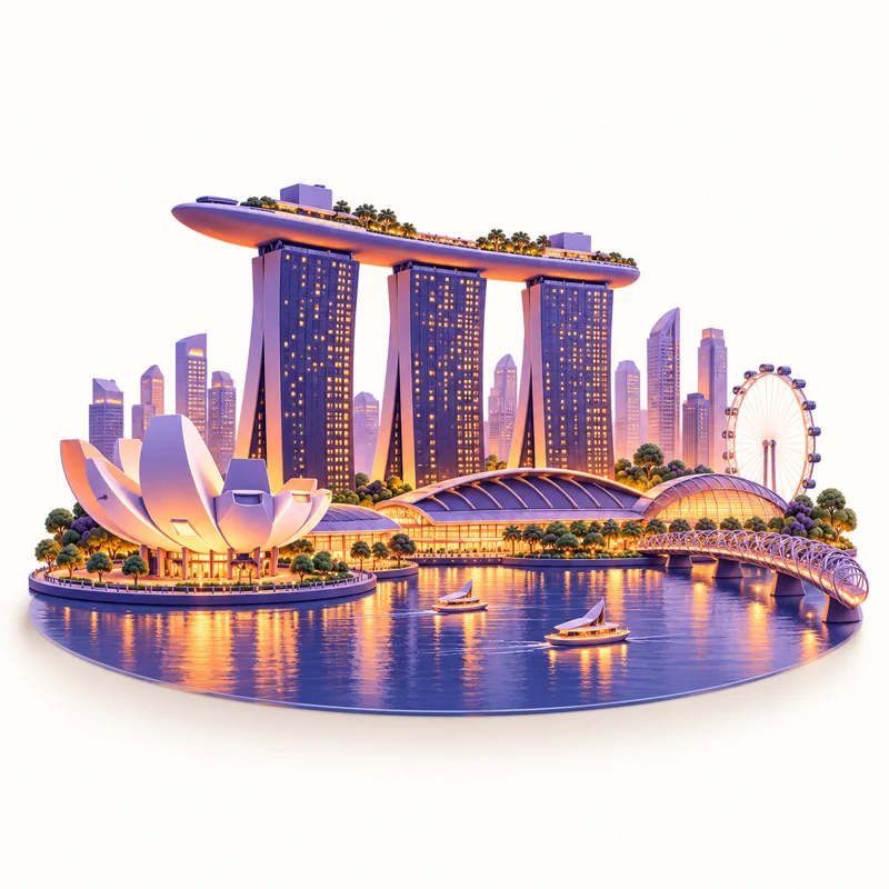 Indigo and orange illustration of Singapore landmarks