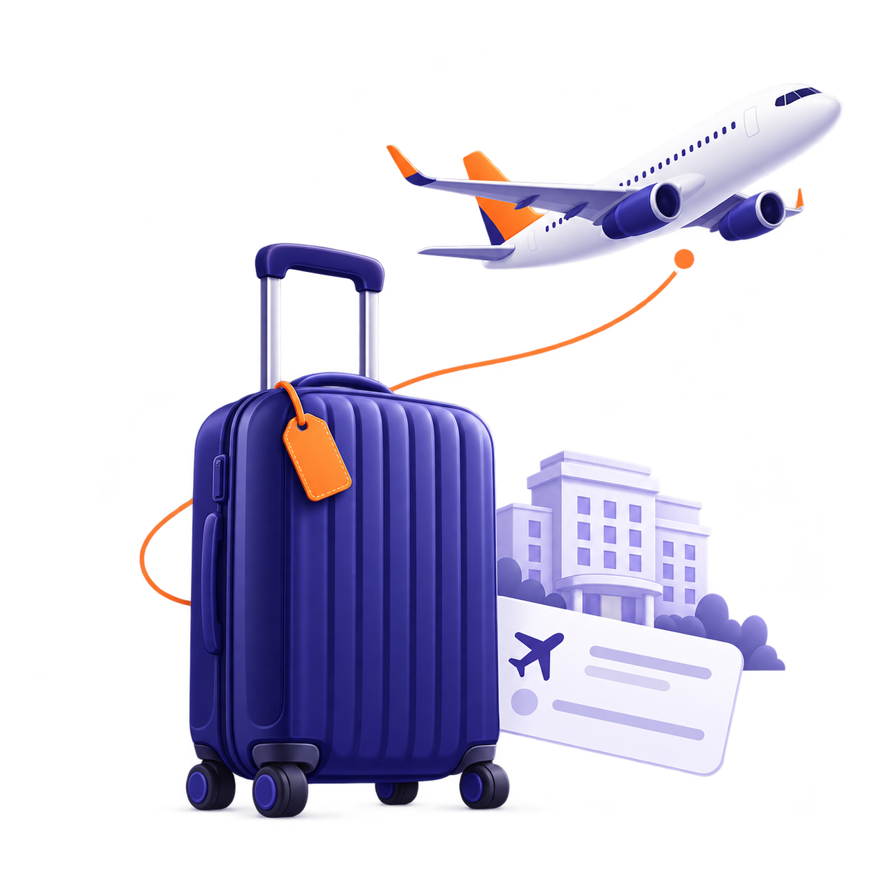 Indigo suitcase with an airplane, hotel and travel itinerary